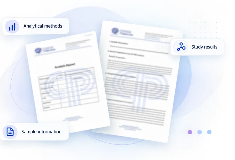 Illustrative preview of blurred metabolomics report pages with sample details, analytical methods, and results