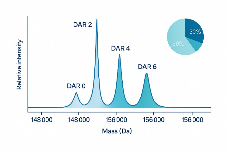 Intact mass spectrum of a lysine-conjugated ADC showing labeled DAR peaks and a pie chart of relative abundances.