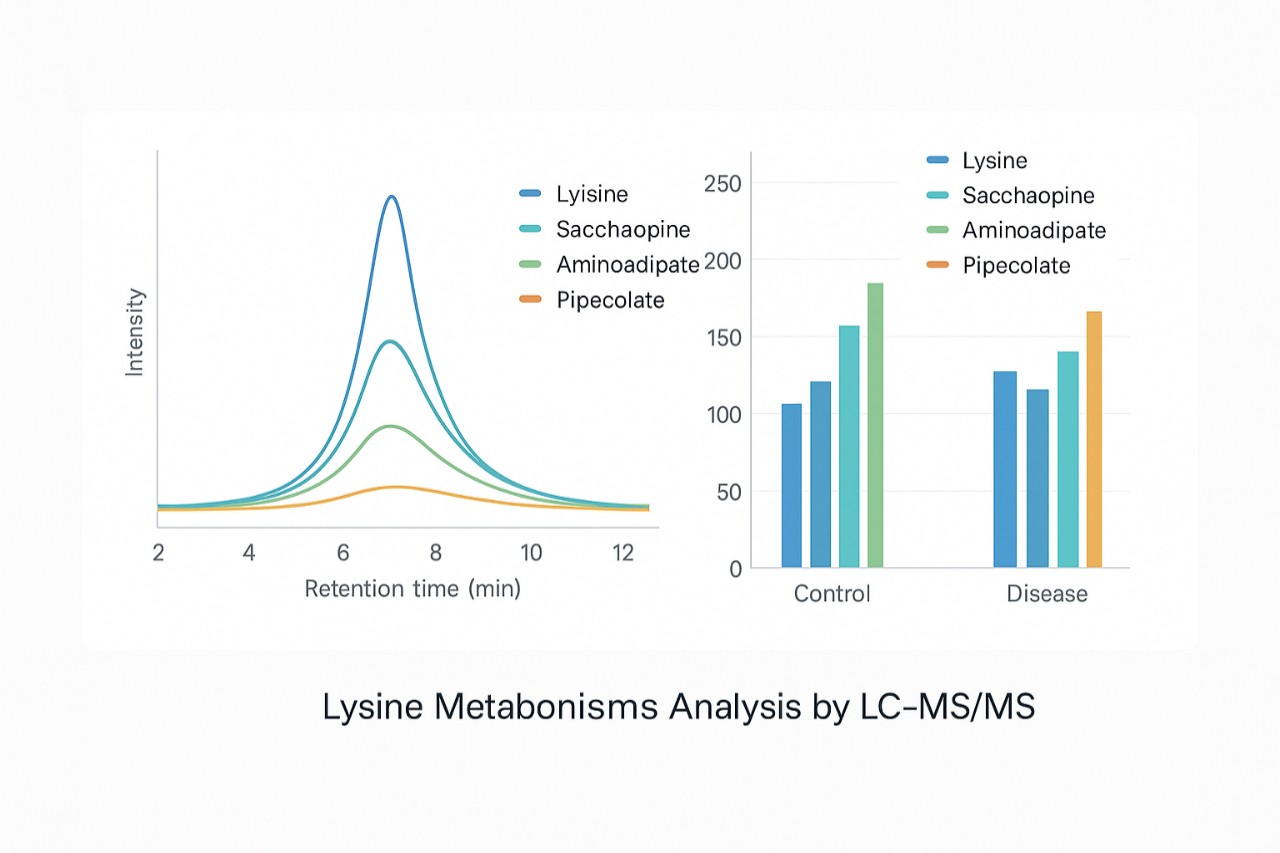 Two-panel figure showing multi-analyte chromatograms and a bar chart comparing lysine, saccharopine, aminoadipate and pipecolate in control versus disease samples.