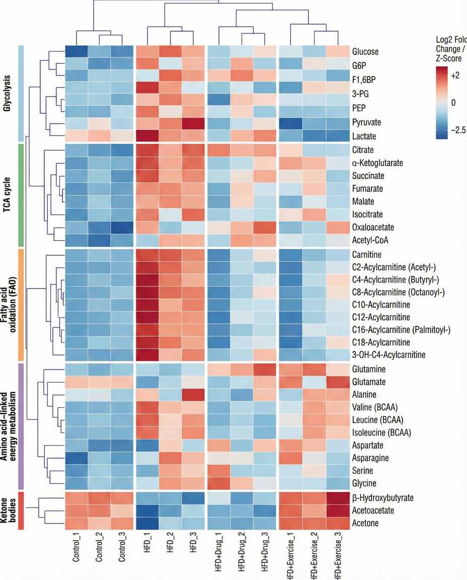 Heatmap with hierarchical clustering of energy metabolism metabolites across multiple experimental groups.