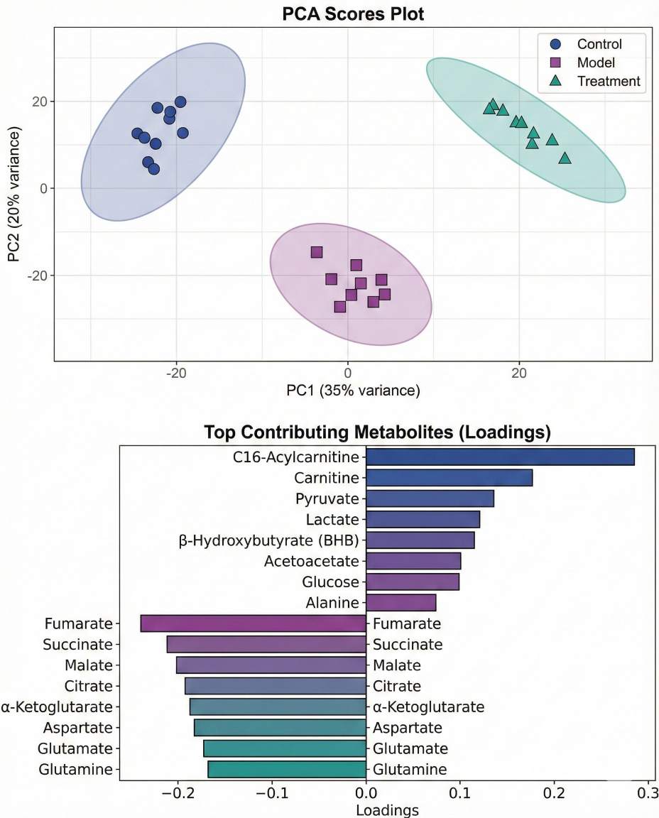 PCA or PLS-DA scores plot with three separated groups and a loadings plot showing top contributing energy metabolites.