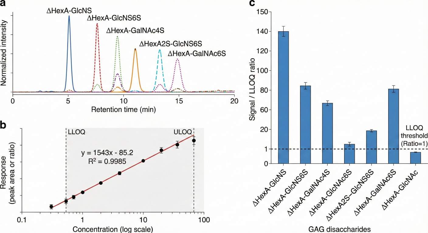 Overlaid GAG disaccharide MRM chromatograms, a linear calibration curve, and sample signal versus LLOQ for LC–MS/MS GAG analysis.