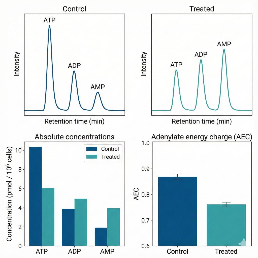 Four-panel figure showing ATP/ADP/AMP chromatograms and AEC bar charts comparing control and treated groups.