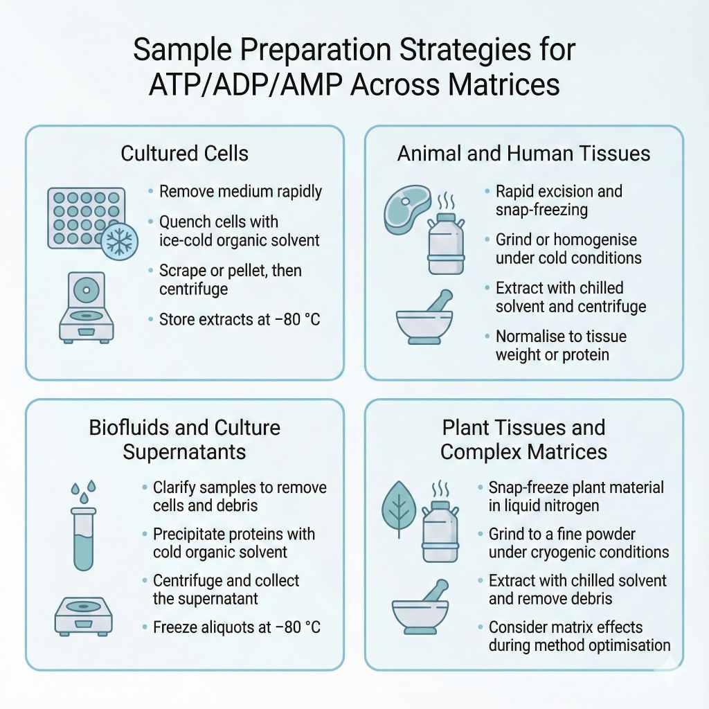 Sample prep methods for ATP/ADP/AMP across cell, tissue, biofluid, and plant samples.