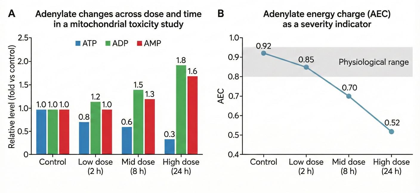 Bar chart and line graph showing ATP depletion, ADP and AMP accumulation, and decreasing AEC across control, low, mid, and high mitochondrial toxicity conditions.