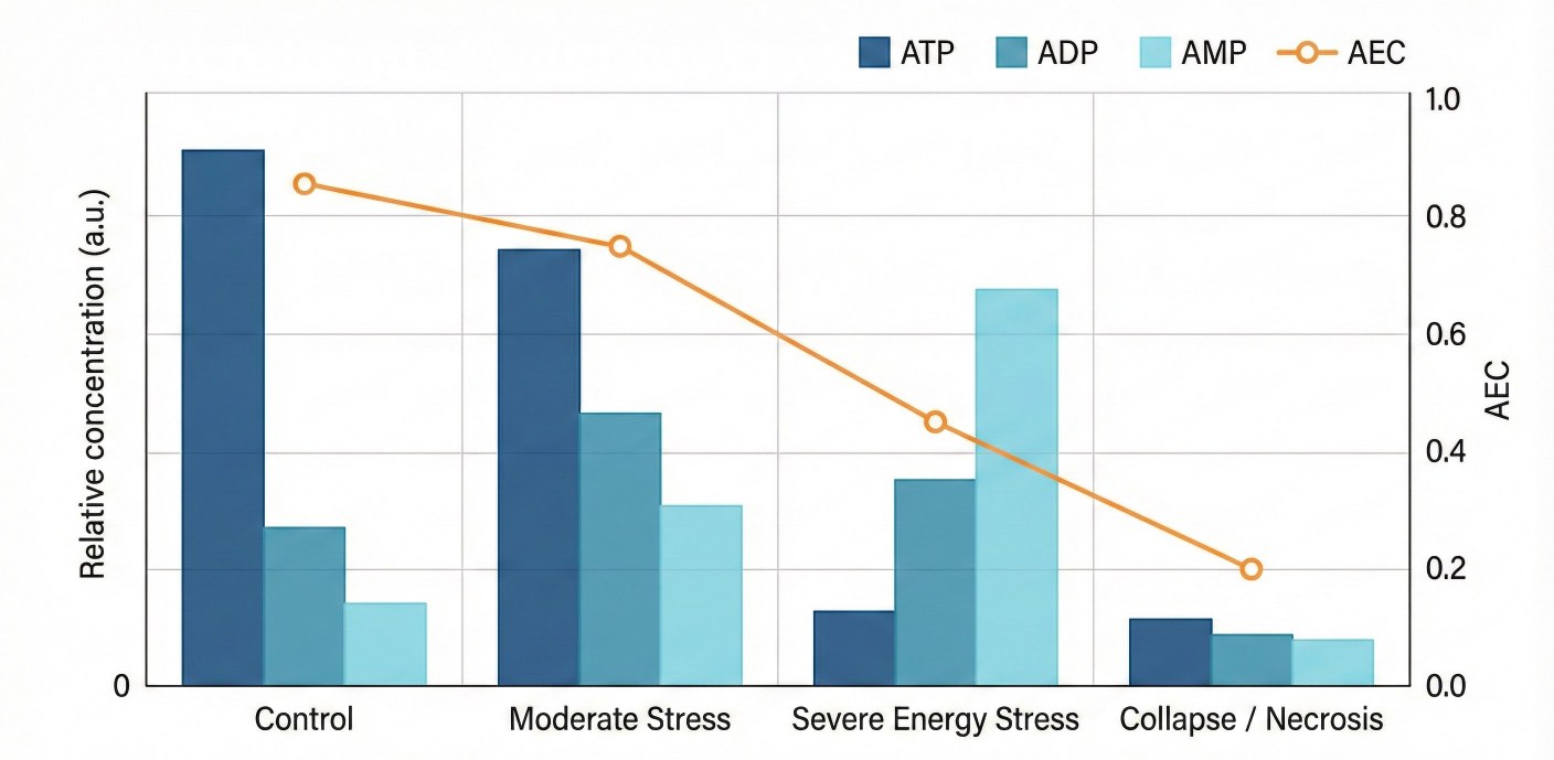 Bar and line chart comparing ATP, ADP, AMP levels and AEC across control, moderate stress, severe energy stress and collapse or necrosis conditions.