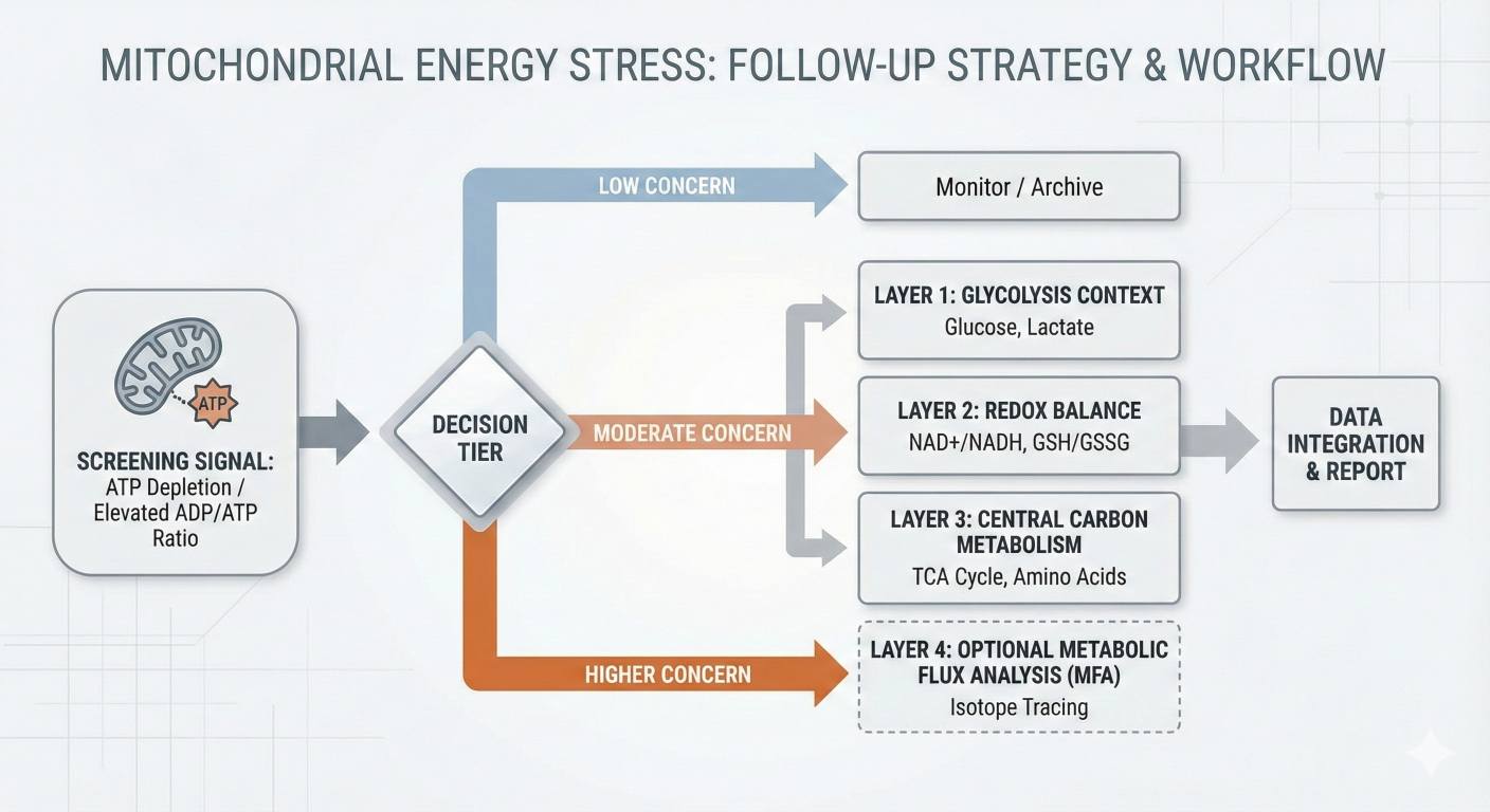Workflow showing ATP↓ or ADP/ATP↑, decision tiers, then glycolysis, redox, central carbon, and optional flux analysis.