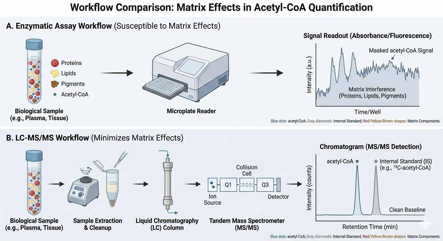 Matrix-effect workflow comparison: noisy assay-kit readout vs clean LC-MS/MS acetyl-CoA peaks.