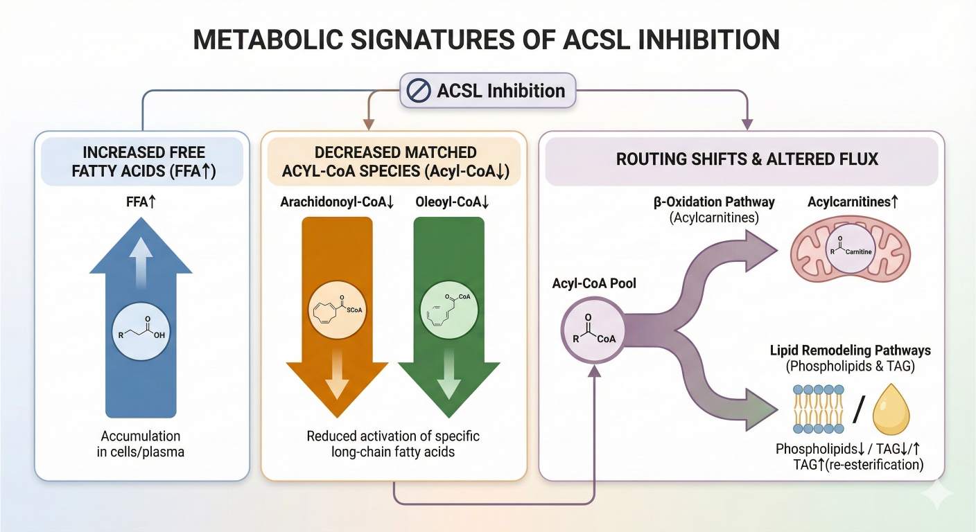 Infographic showing FFA increase, acyl-CoA decrease, and metabolic routing shifts after ACSL inhibition.