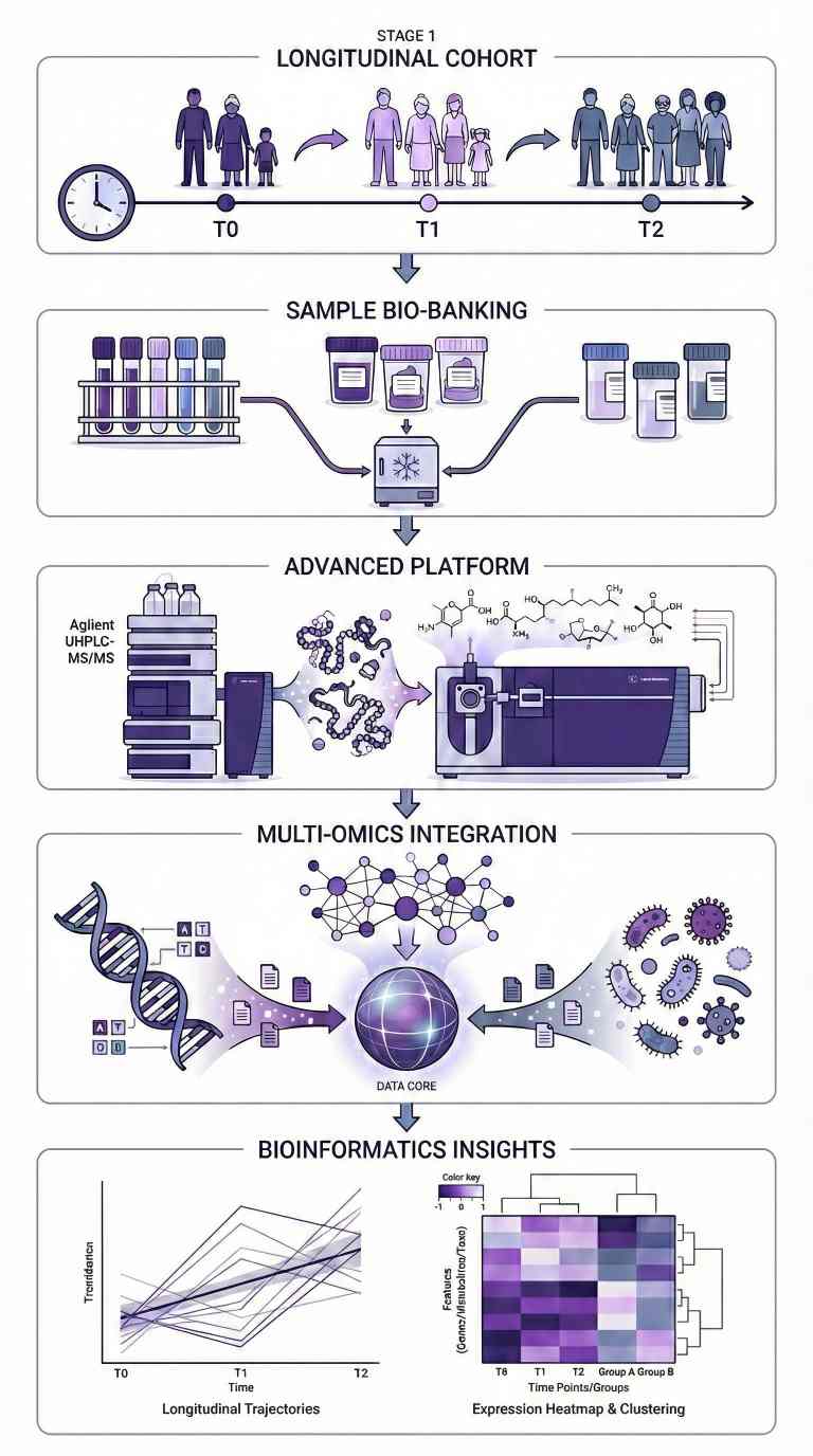 Workflow diagram of longitudinal multi-omics analysis from cohort sampling to integration and bioinformatics.