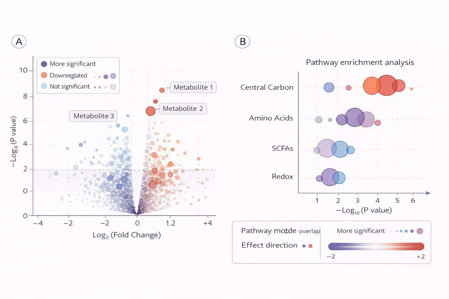 Volcano plot and pathway enrichment bubble chart for immune cell metabolomics profiling across central carbon, amino acids, SCFAs, redox.
