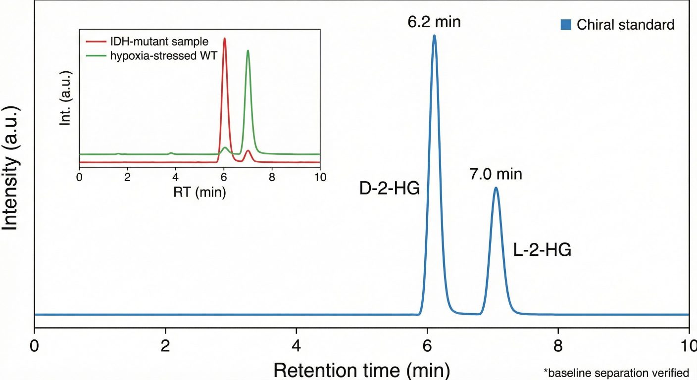 Chiral LC–MS/MS chromatogram showing baseline separation of D-2-HG and L-2-HG for IDH mutation studies.