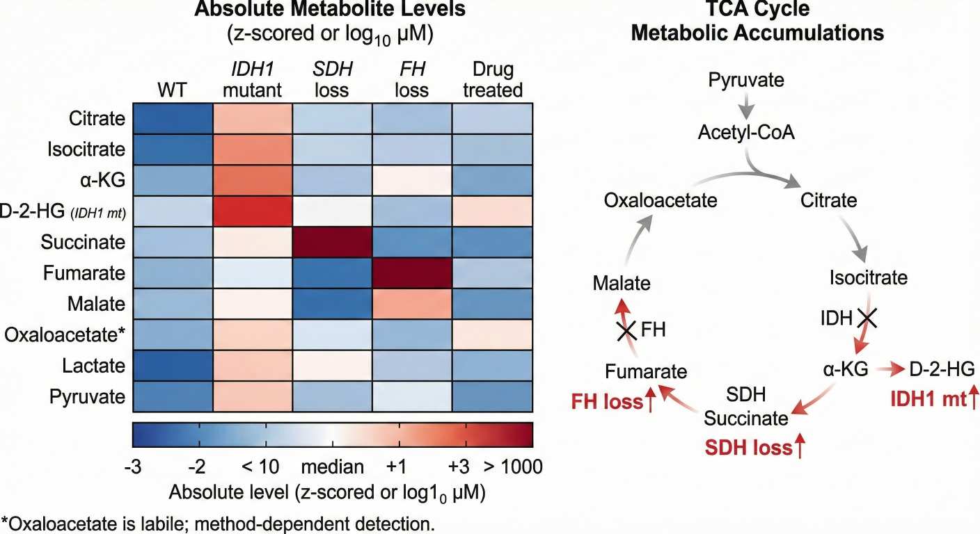 Heatmap of TCA and glycolysis metabolites across WT, IDH/SDH/FH models, highlighting oncometabolic signatures.