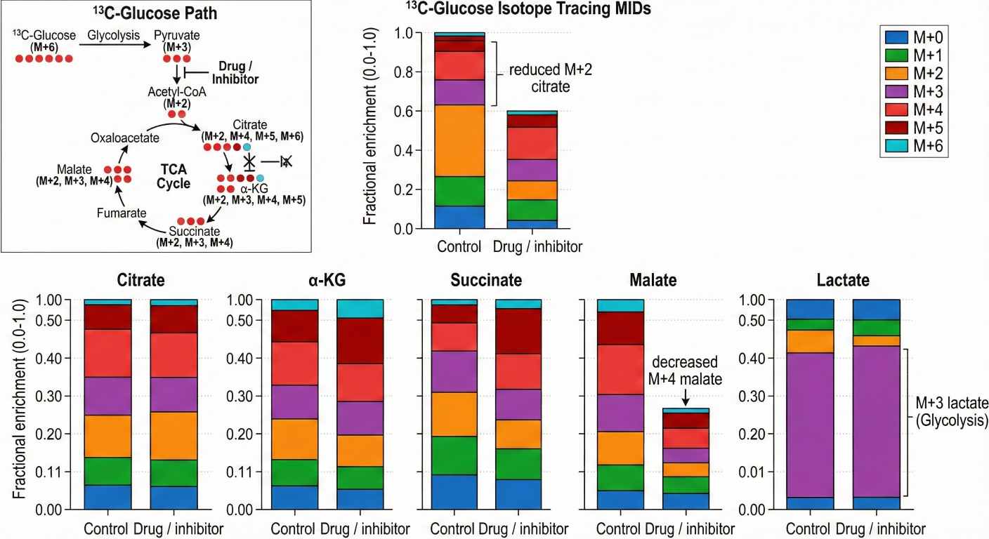 13C-glucose tracing figure with MID stacked bars for TCA metabolites, showing altered labeling patterns after treatment.