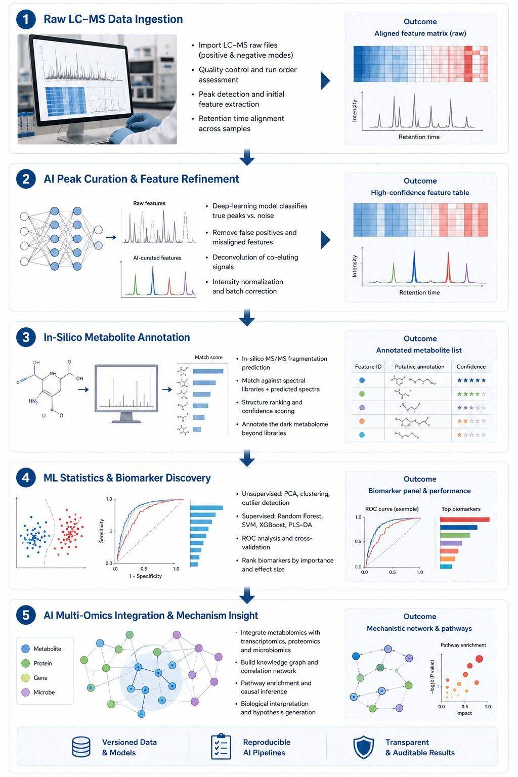 AI-augmented metabolomics workflow—five steps from raw data intake to mechanism interpretation