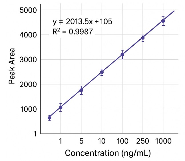 Standard curve plot with regression line for GlcNAc, showing linear response across ng/mL range.