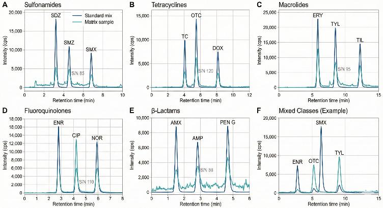 Multi-panel MRM chromatograms for several antibiotic classes in standard and matrix samples.