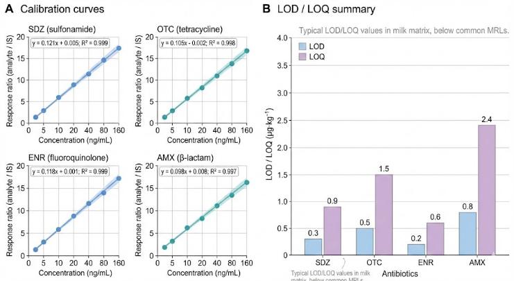 Calibration curves and LOD/LOQ bar chart for selected antibiotics.