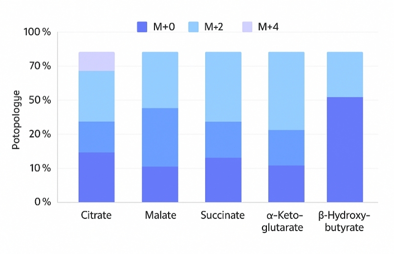 Stacked bar chart of isotopologue percentages for key TCA and related metabolites.