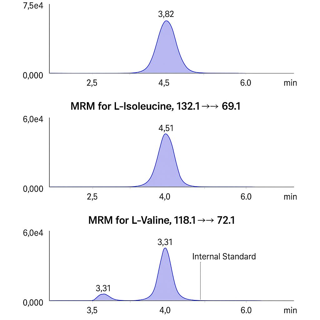 Chromatogram of branched-chain amino acids (Leucine, Isoleucine, Valine) analyzed by LC–MS/MS, displaying retention times and peak shapes.