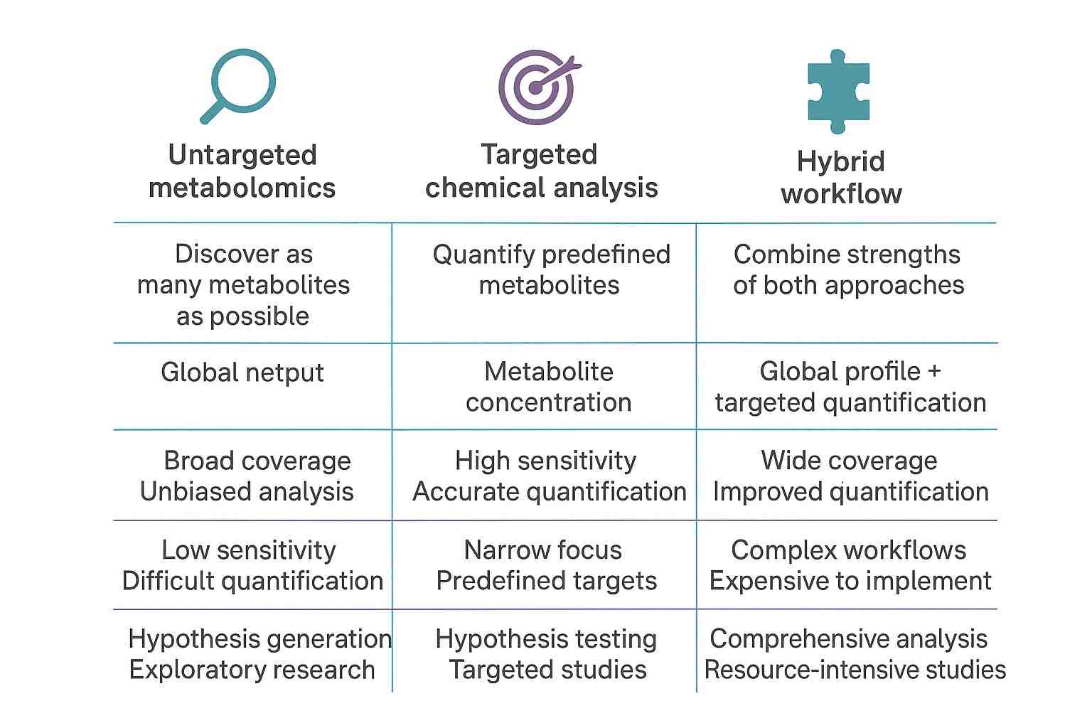 Comparison infographic — untargeted vs targeted vs hybrid exposure workflows