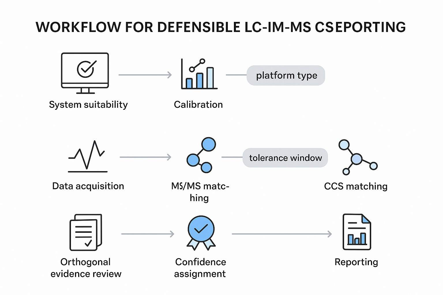 Workflow infographic: defensible LC-IM-MS reporting from suitability and calibration to CCS matching and final reporting