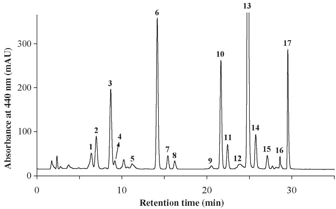 HPLC chromatogram of major carotenoids and chlorophylls in blanched, frozen spinach