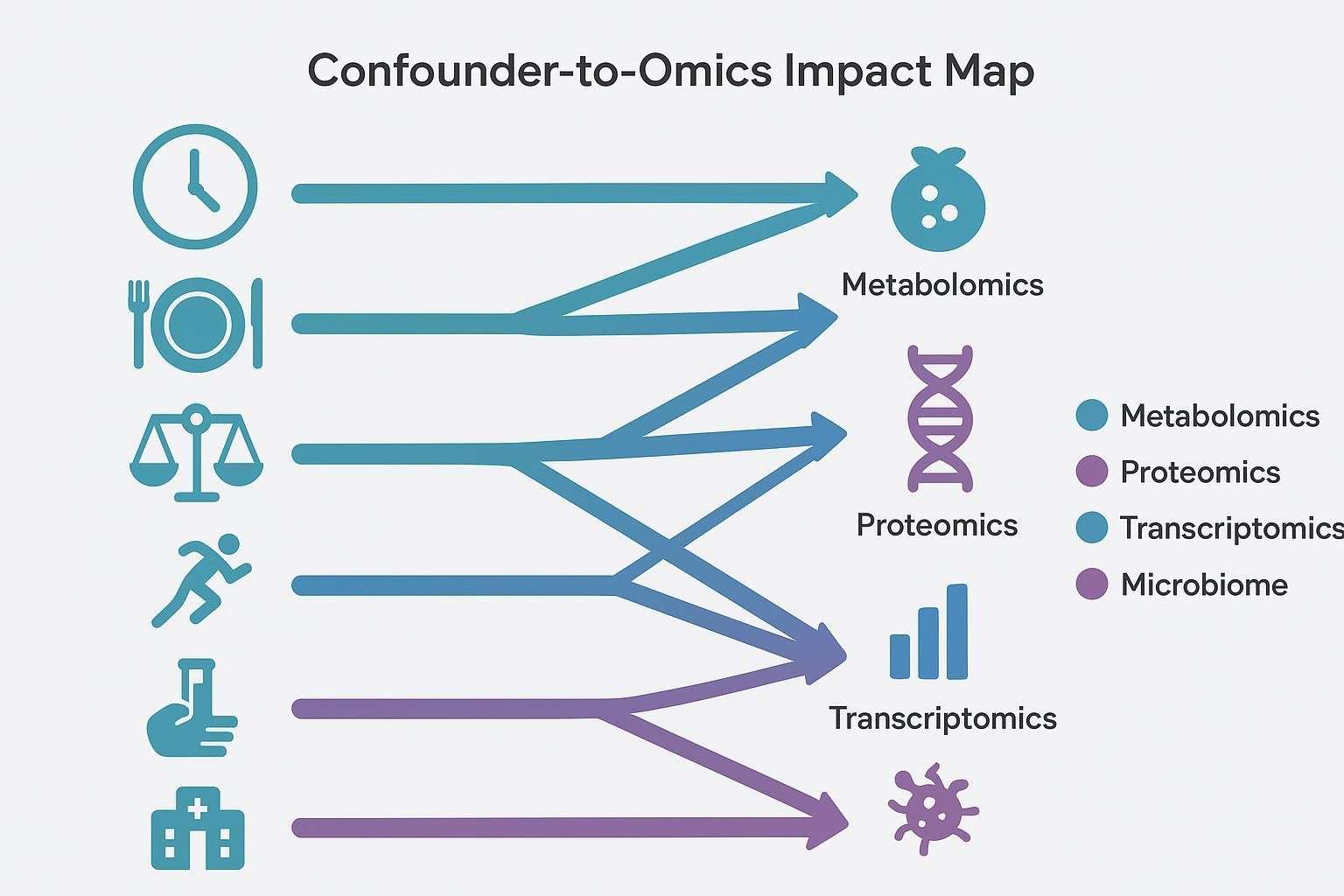 Infographic map linking common confounders to metabolomics, proteomics, transcriptomics, and microbiome impacts with weighted arrows.