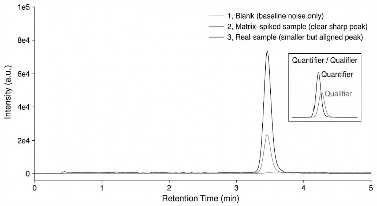 Overlaid MRM chromatograms for blank, spike, and sample highlighting specific cGAMP peak with no false positives.