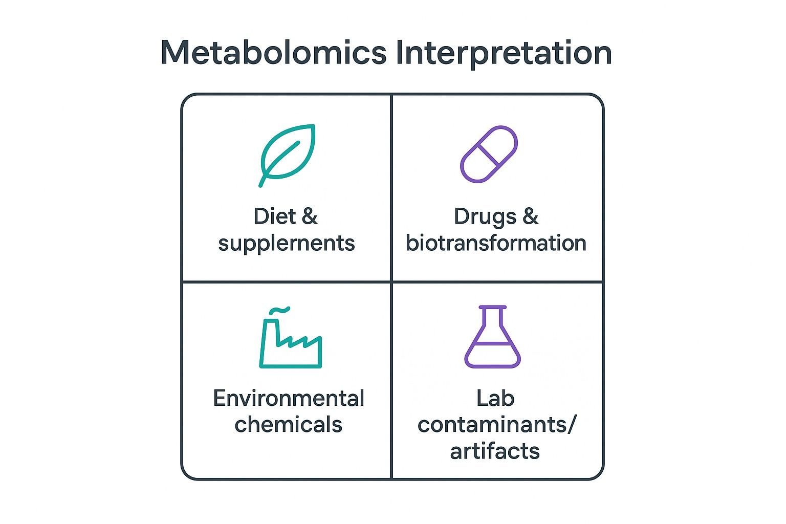 Infographic — quadrant chart summarizing likely exogenous and mixed-origin signal sources in metabolomics (diet/supplements, drugs/biotransformation, environmental chemicals, lab contaminants/artifacts)