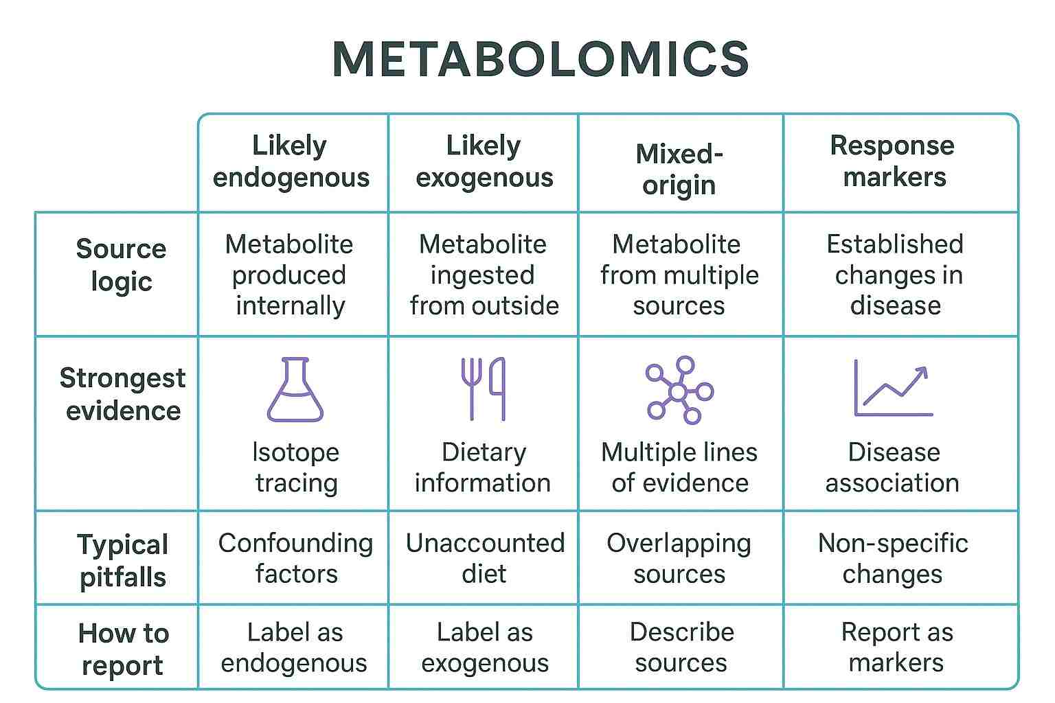 Comparison infographic — endogenous vs exogenous vs mixed-origin vs response markers (source logic, evidence strength, interpretation)
