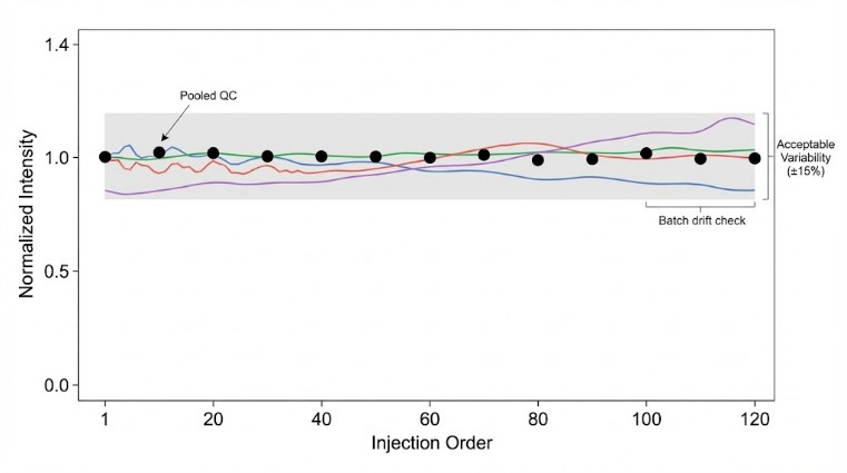 Line plot of normalized intensities vs injection order with pooled QC points showing stable signal across the batch.