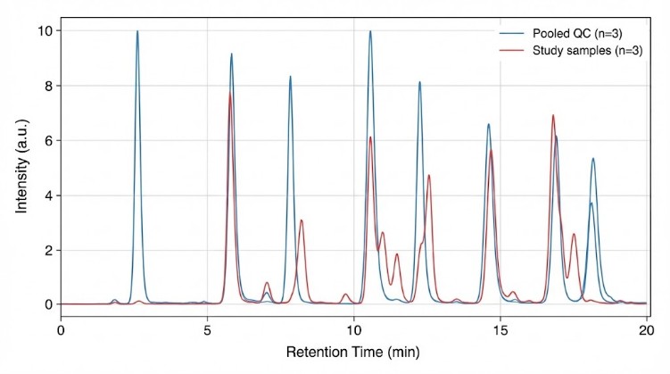 Overlay of LC–MS chromatograms showing three pooled QC traces nearly overlapping and three sample traces with expected variation.
