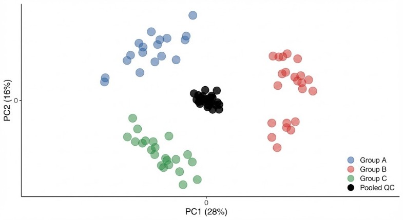 PCA scatter plot with three study groups separated in PC space and pooled QC points tightly clustered near the center.