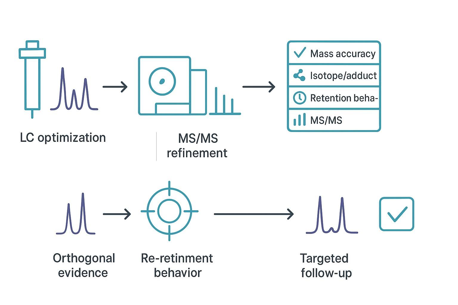Workflow diagram: improving metabolite identification without ion mobility (LC optimization → MS/MS refinement → orthogonal evidence → targeted follow-up → confirmation)