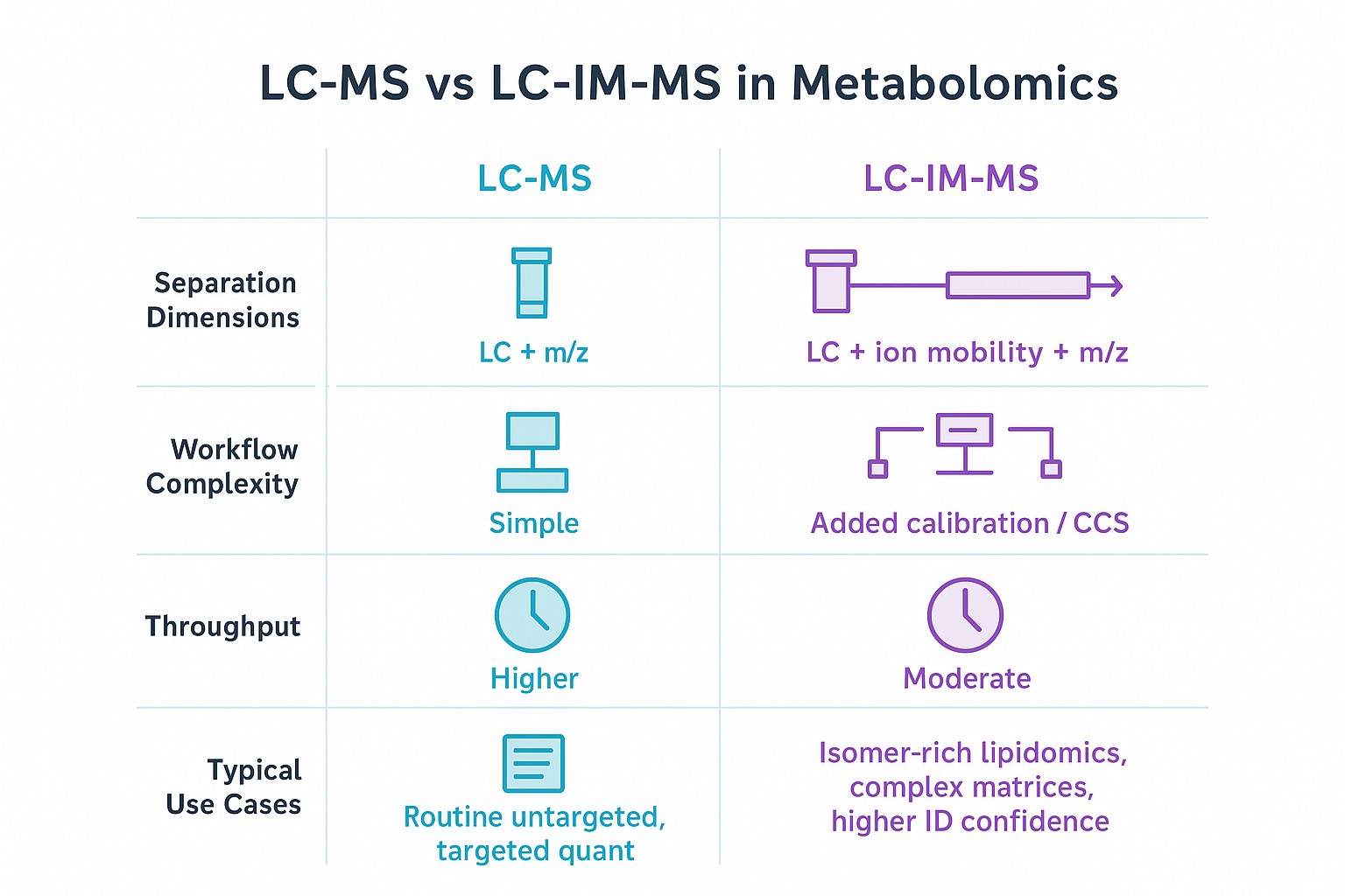Infographic comparing LC-MS and LC-IM-MS across separation dimensions, workflow complexity, throughput, and typical use cases