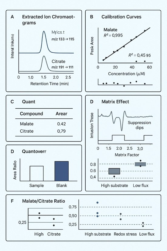 LC-MS/MS results for malate and citrate. Chromatograms, calibration (R²≥0.995) and QC metrics confirm decision-grade quantitation; the malate/citrate ratio summarizes metabolic shifts.