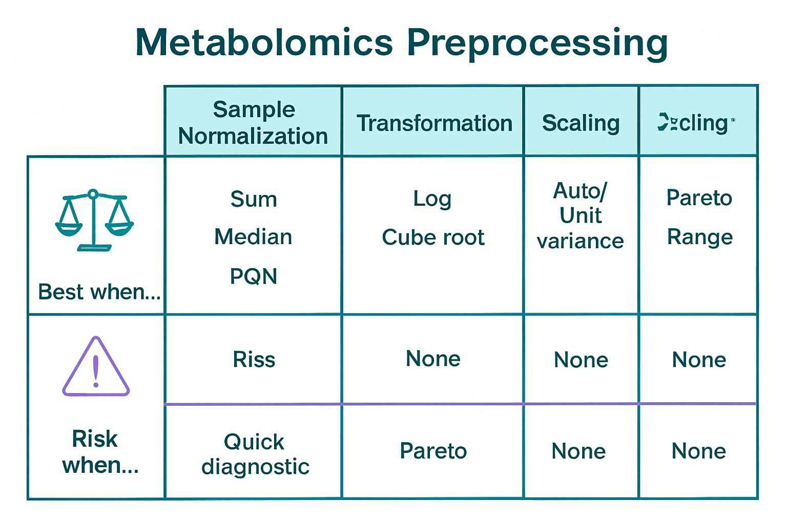 An annotated comparison chart of common MetaboAnalyst normalization, transformation, and scaling options with notes on when each is appropriate or risky