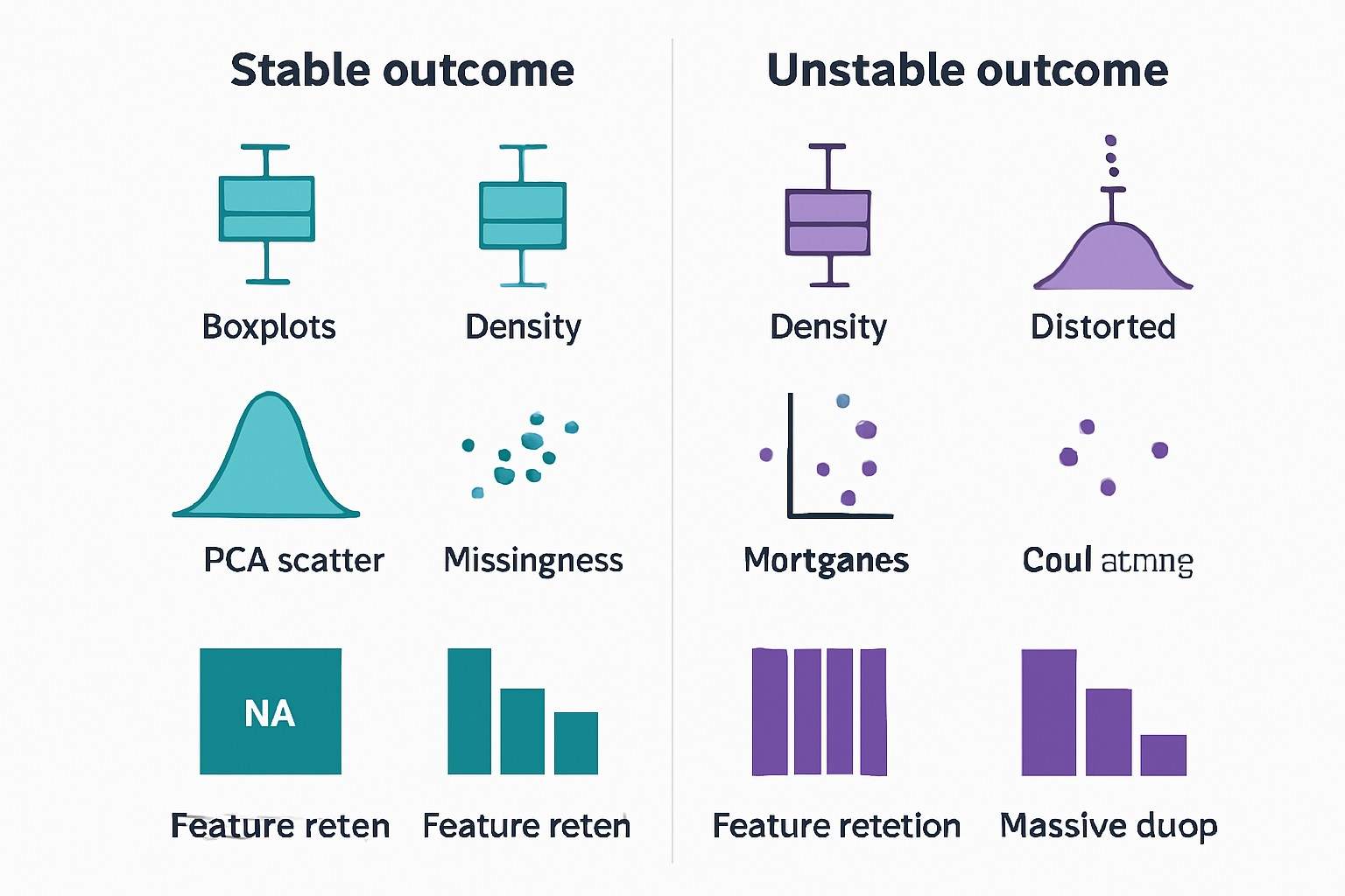 A comparison infographic showing stable versus unstable preprocessing outcomes: boxplots, density curves, PCA behavior, missingness handling, and feature retention