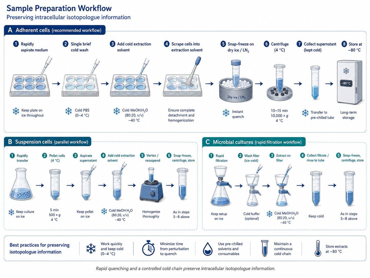 Rapid quenching and cold-chain sample preparation for metabolic flux analysis