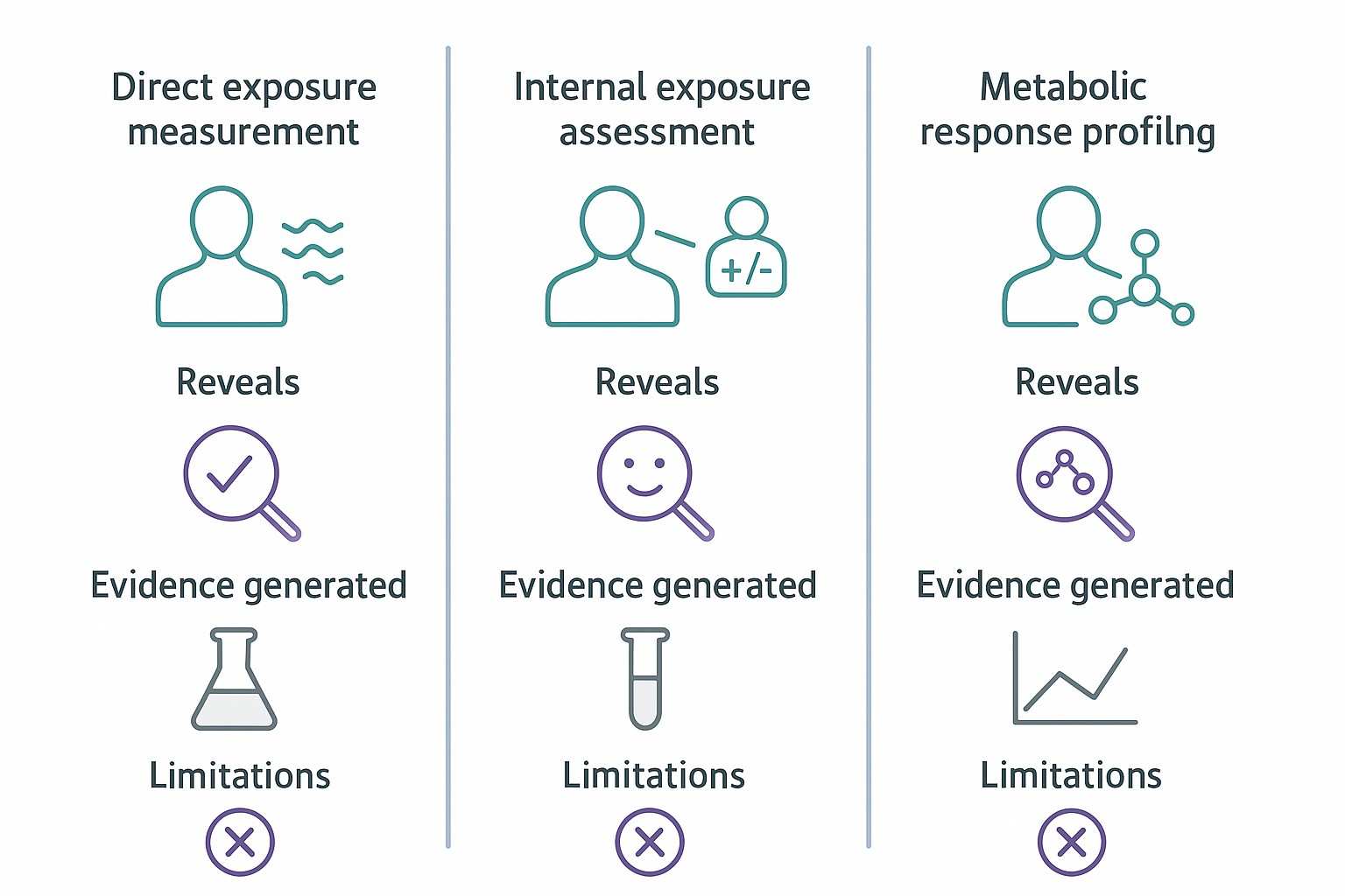 Comparison infographic — exposure measurement vs internal exposure vs response profiling