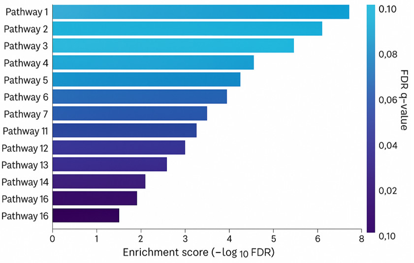 Bar chart of pathway enrichment with FDR color scale.