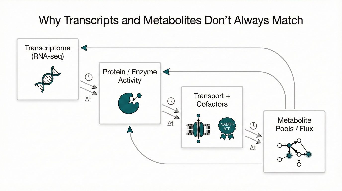 Layered model showing Transcriptome → Protein/enzyme activity → Transport/cofactors → Metabolite pools/flux, with time-lag markers and feedback arrows.