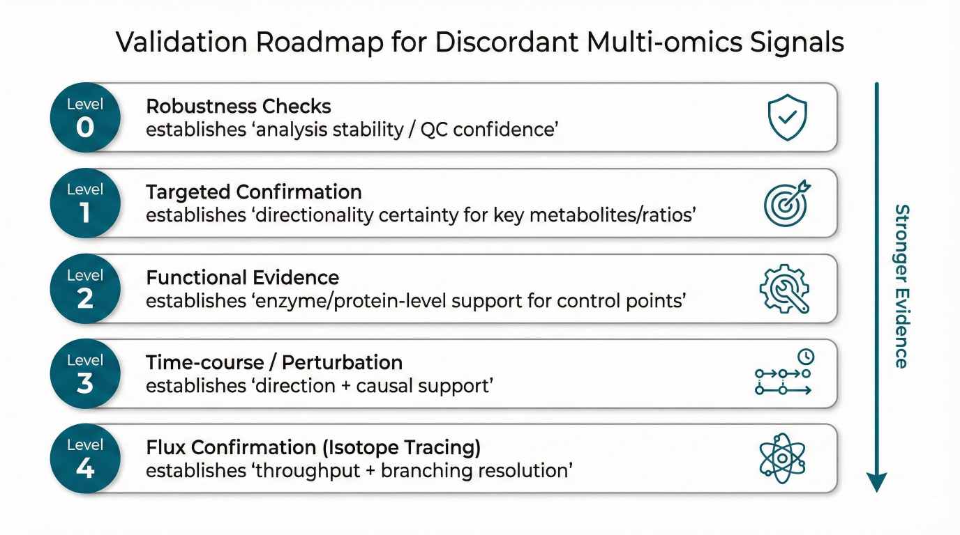 Tiered validation roadmap for metabolomics + transcriptomics discordance showing levels from QC robustness to flux confirmation.