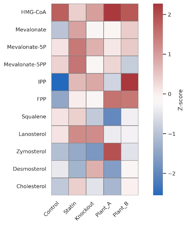 Heatmap showing relative levels of sterol intermediates such as lanosterol, zymosterol, and cholesterol across experimental groups.