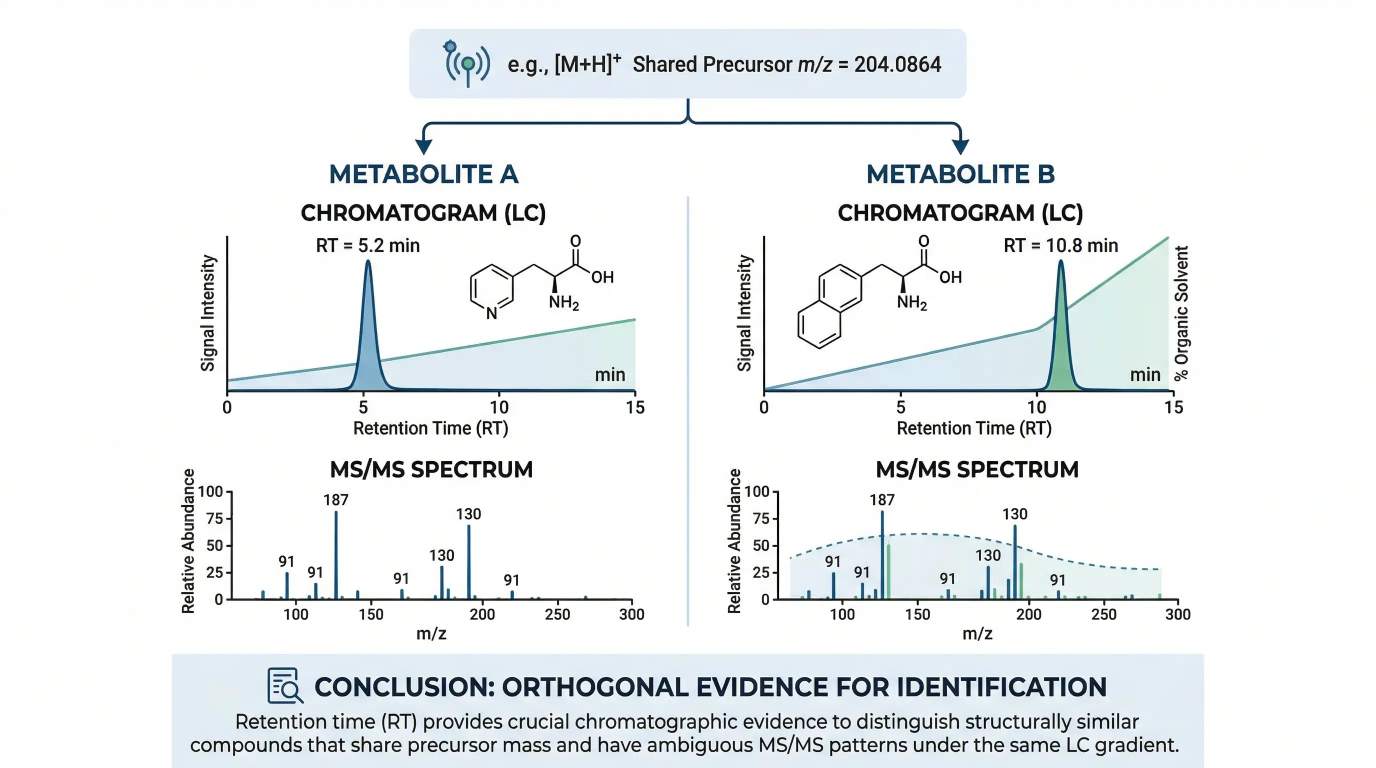 Two candidate metabolites with the same precursor mass and related MS/MS patterns but distinct retention times under the same LC gradient.
