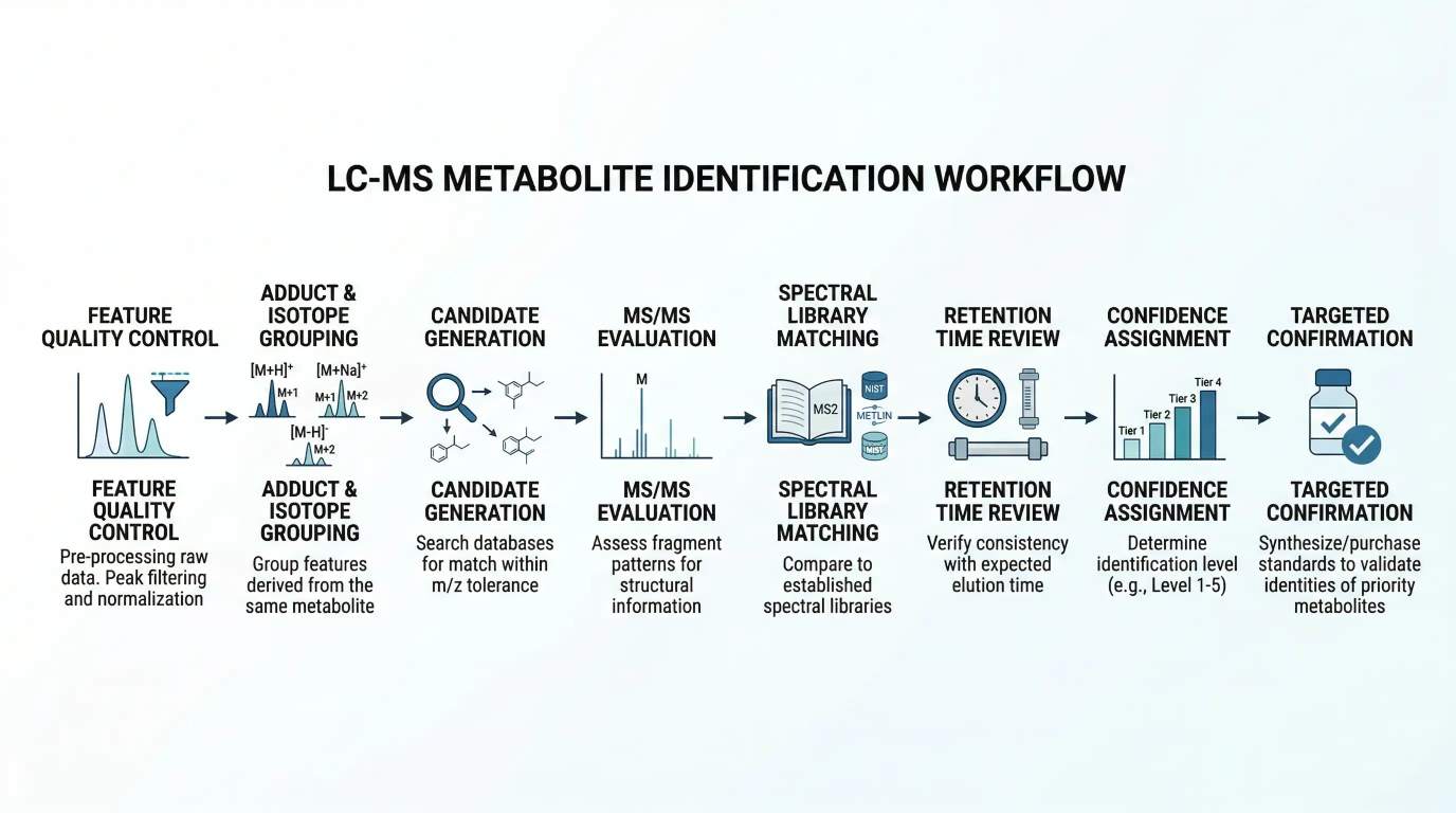 A practical LC-MS metabolite identification workflow showing feature QC, adduct grouping, candidate generation, MS/MS evaluation, library matching, retention time review, confidence assignment, and targeted confirmation of priority metabolites.