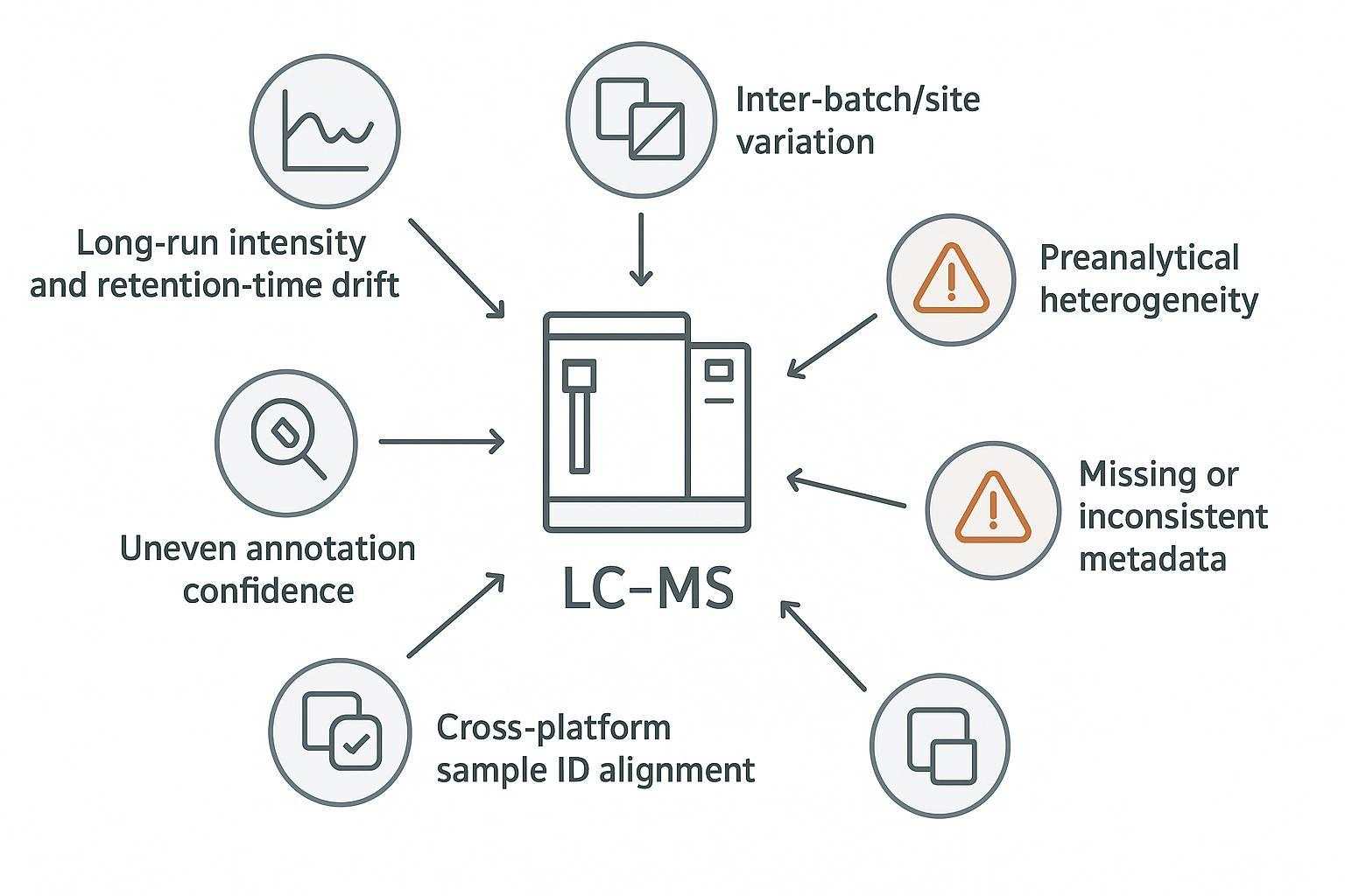 Schematic of analytical bottlenecks in cohort-scale metabolomics including drift, batch effects, site heterogeneity, metadata gaps, and annotation uncertainty.