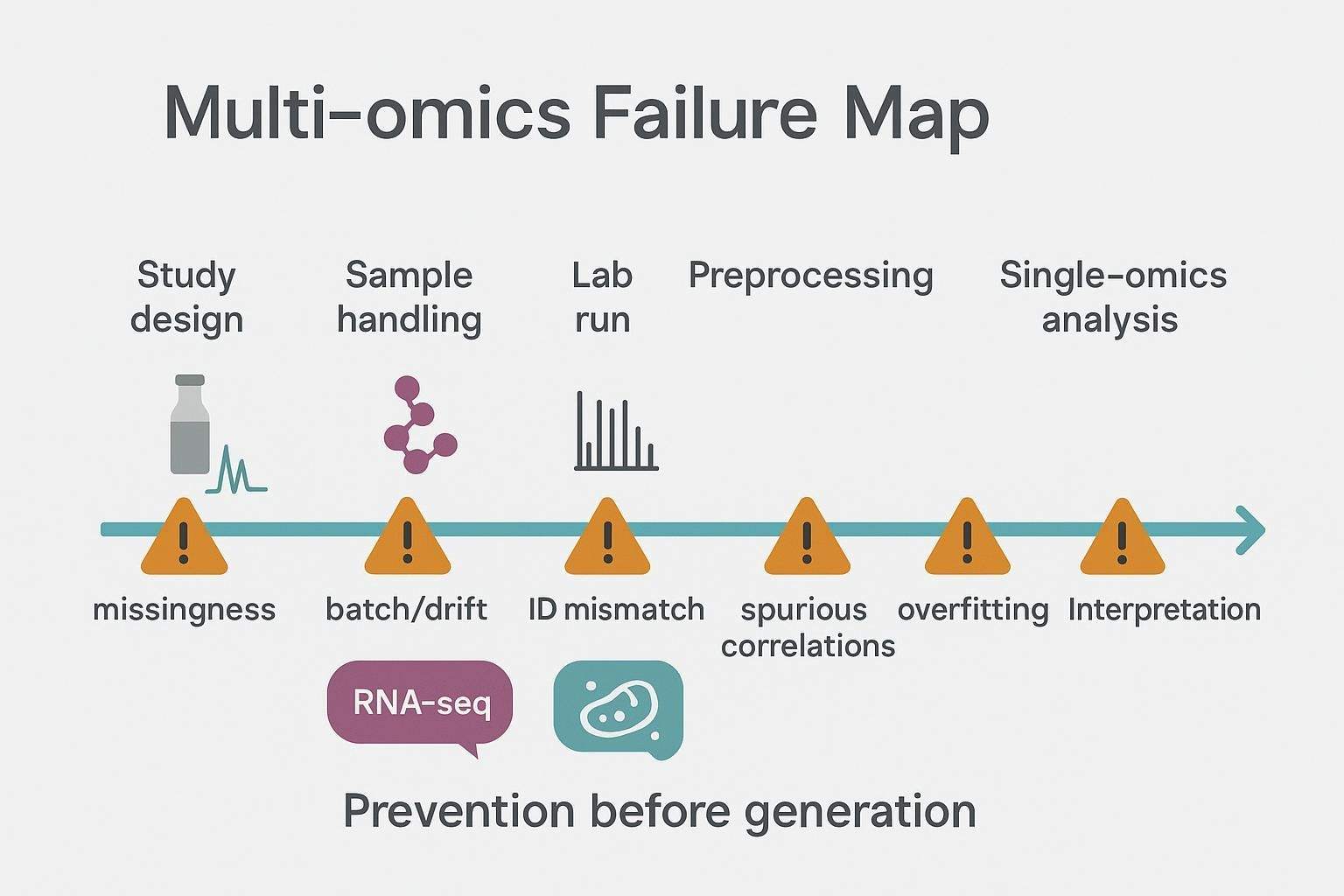 Conceptual infographic: multi-omics pipeline with labeled failure points from design to reporting; emphasizes prevention-first thinking.