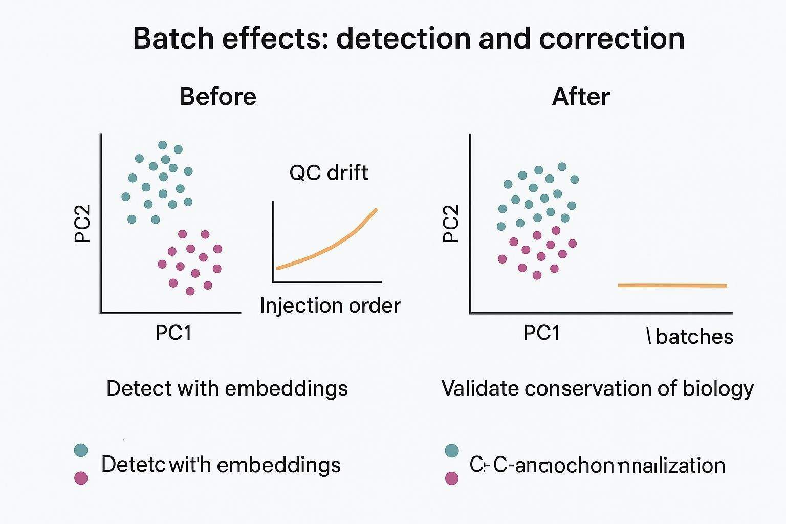 Conceptual before/after illustration: batch-dominated PCA and QC drift pre-correction, versus biology-dominated PCA and reduced drift post-correction.